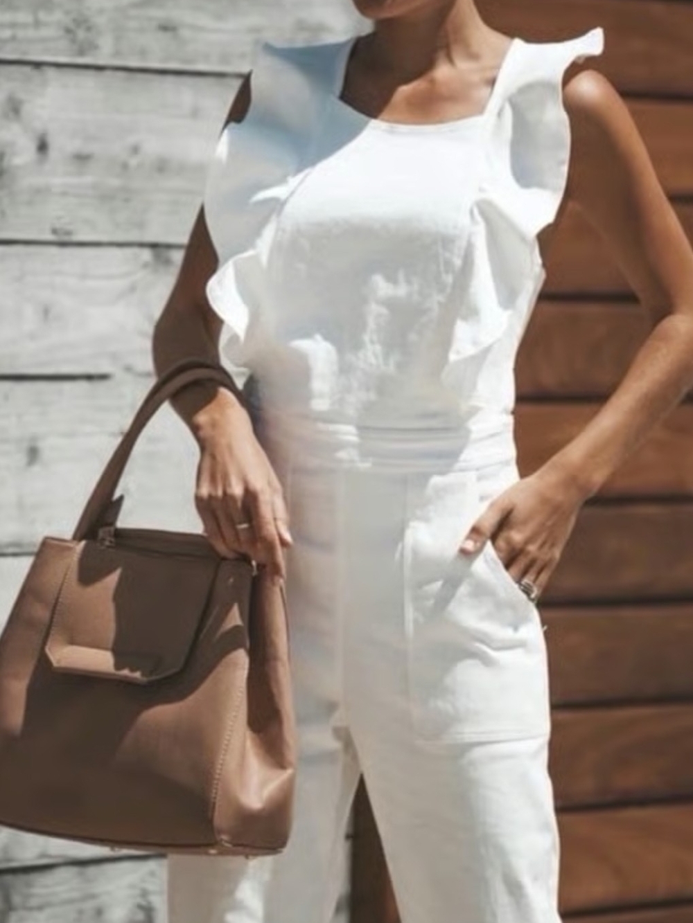 VICI Collection White Ruffle Open Back Denim Jumpsuit NWT Medium